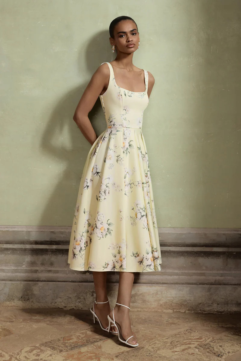 Lissa  Lemon Floral Bouquet Print Square-Neck Midi Dress | Club L London