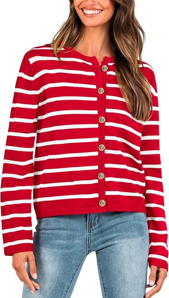 BTFBM Women's Cardigans Sweater 2024 Spring Striped Long Sleeve Button Down Crop Open Front Knit ... | Amazon (US)