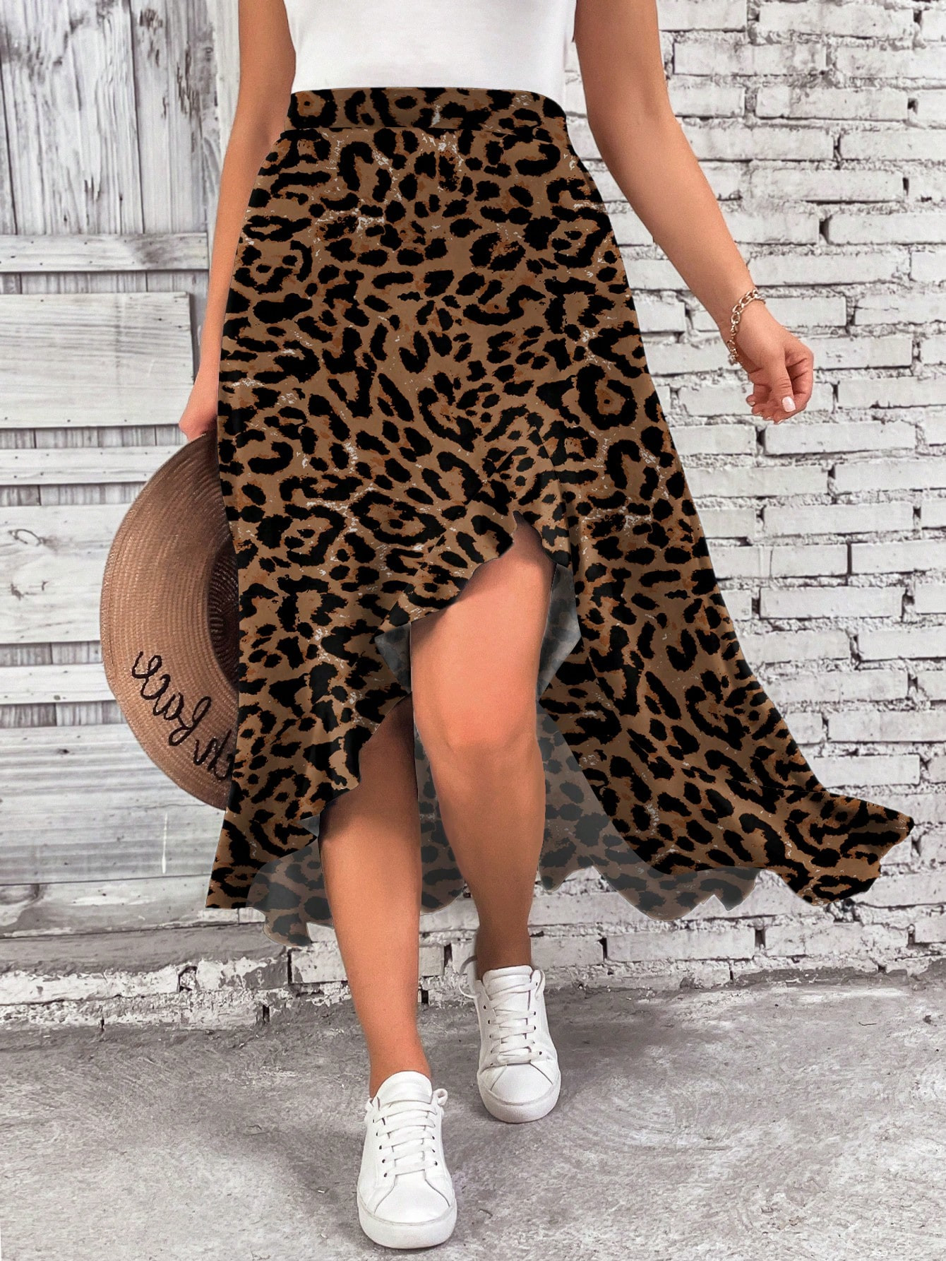 SHEIN LUNE Plus Size Leopard Print Flounce Hem Asymmetrical Slit A-Line Skirt | SHEIN
