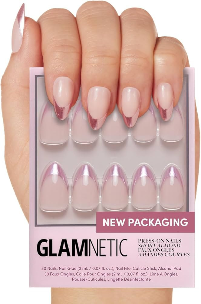 Glamnetic Press On Nails - Rock Candy | Trendy Short Almond Nails with Metallic Chrome Pink Frenc... | Amazon (US)