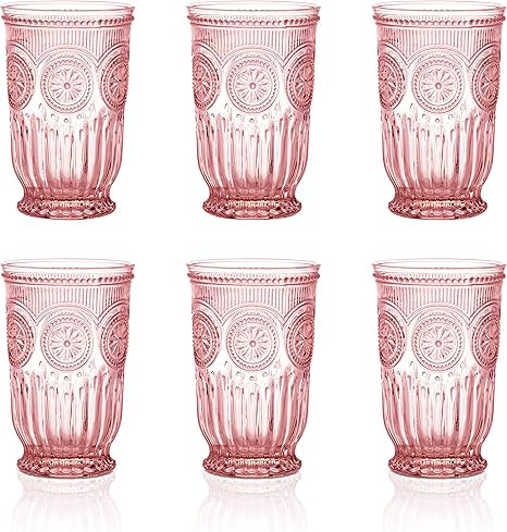 Pink Glassware set of 6 vintage drinking glasses, Dishwasher safe colored glassware with matching... | Amazon (US)