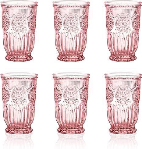 Pink Glassware set of 6 vintage drinking glasses, Dishwasher safe colored glassware with matching... | Amazon (US)