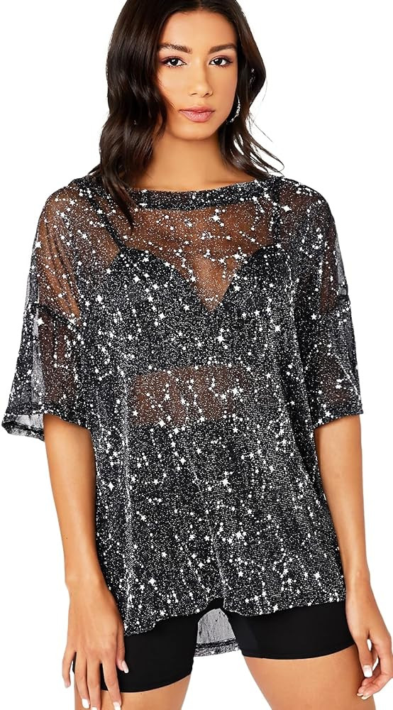 WDIRARA Women's Glitter Sheer See Through Short Sleeve Mesh Top Tee Blouse | Amazon (US)
