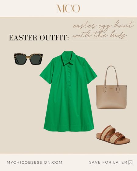 Here’s a look to match a fun and colorful Easter egg hunt with the kids. Pair this green mini dress with textured slide sandals, and add a leather tote to hold all of the candy you’ll be bringing home. Square sunglasses finish the outfit.

#LTKstyletip #LTKSeasonal