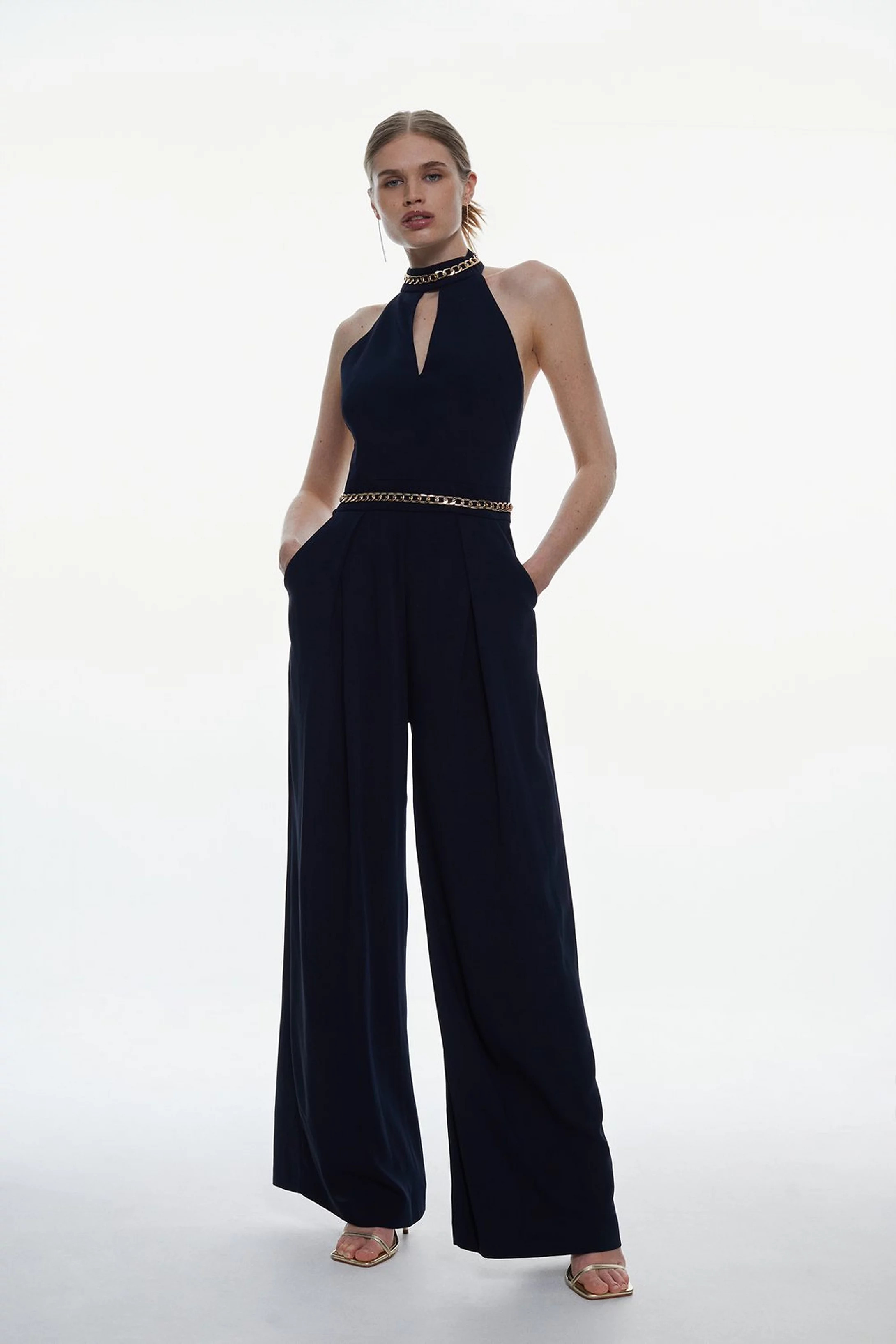 Soft Tailored Chain Detail Halter Jumpsuit | Karen Millen UK + IE + DE + NL