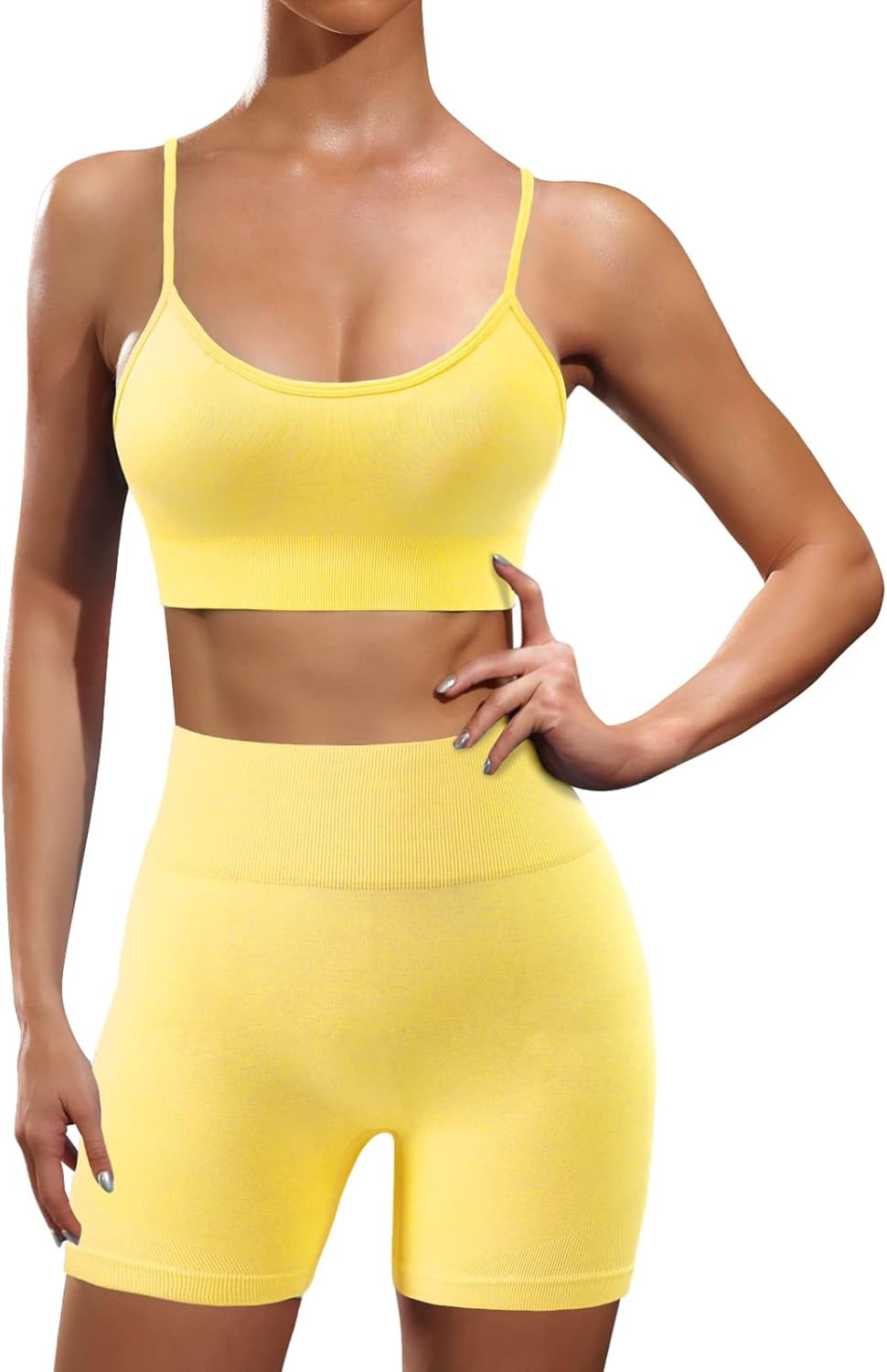 Womens Workout Sets 2 Piece Seamless Biker Short Set High Waist Shorts with Padded Sports Bra S-X... | Amazon (US)