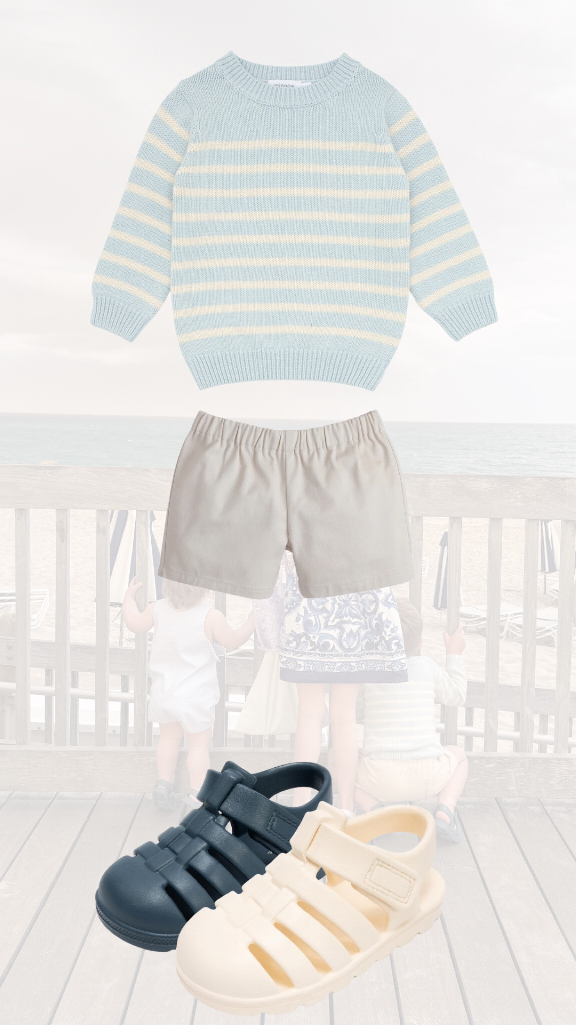 Sweet boy’s beach outfit 🤍 Striped sweater, similar elastic shorts, and the Amazon sandals both my boys wore in Florida. They held up great to the sand and water. 
