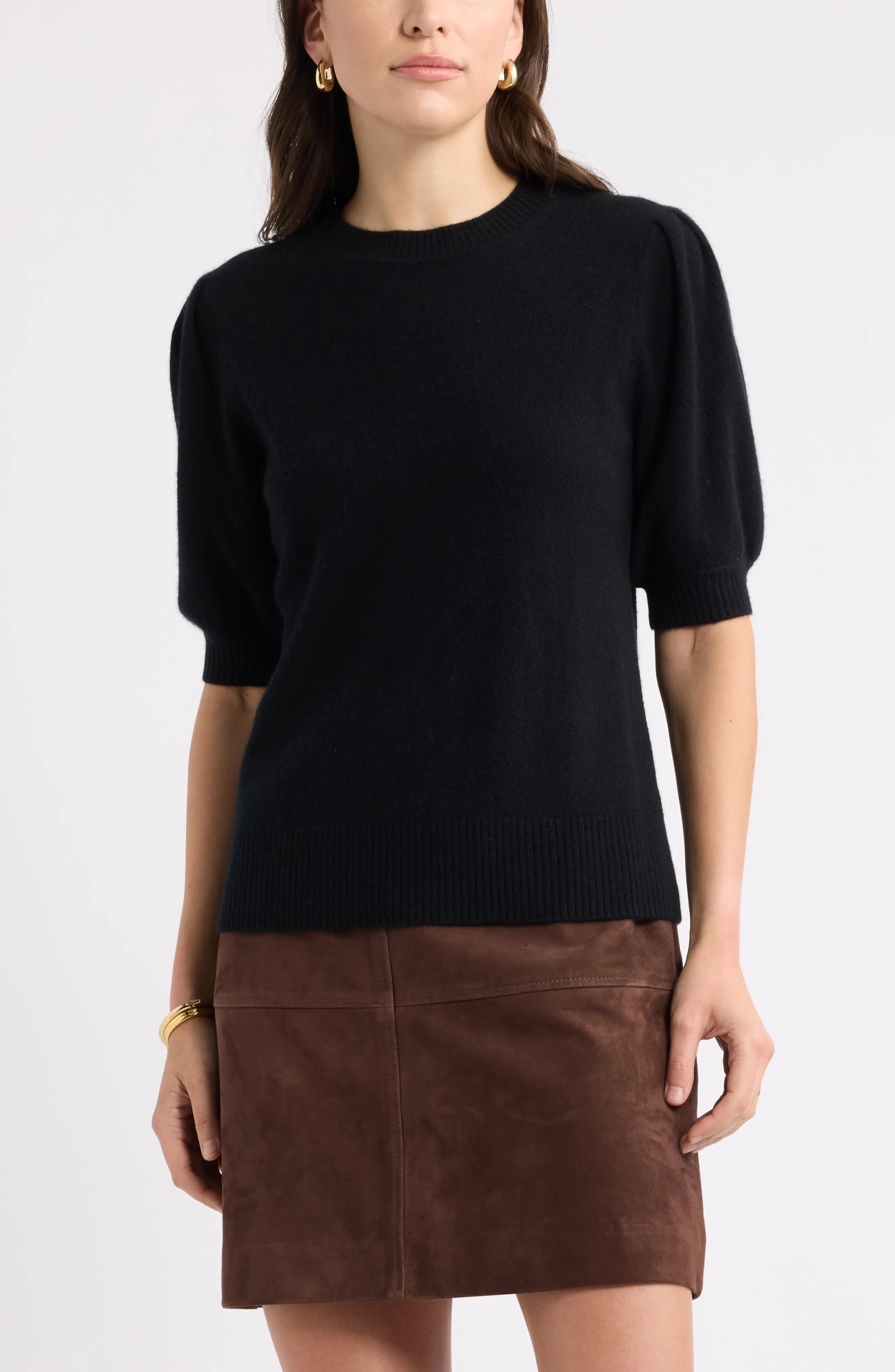 caslon(r) Puff Sleeve Wool & Cashmere Sweater in Olive Epsom at Nordstrom, Size X-Large | Nordstrom