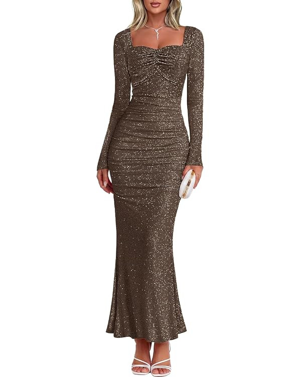 MEROKEETY Women's Fall Wedding Guest Long Sleeve Sparkly Bodycon Maxi Dress | Long Sleeve, Ruched... | Amazon (US)