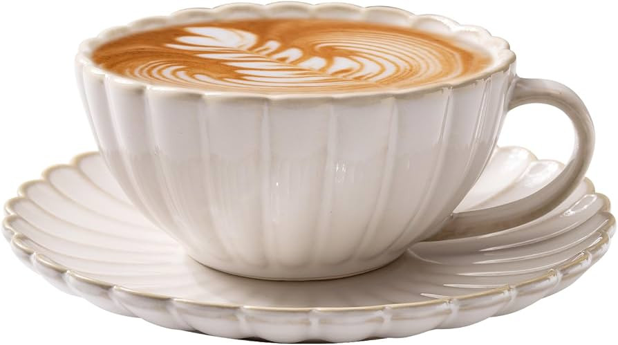 Vintage Porcelain Coffee Cup and Saucer Set, 12 OZ Ceramic Latte Mug - Farmhouse Cappuccino Cups ... | Amazon (US)