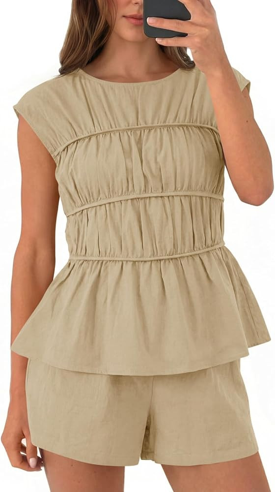 Tankaneo Womens Summer Smocked 2 Piece Short Sets Cap Sleeve Babydoll Peplum Blouse Casual Matchi... | Amazon (US)