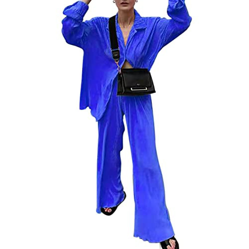 ABYOVRT Pleated 2 Piece Outfits for Women Long Sleeve Oversized Button Down Shirt Wide Leg Pants Sets Casual Loungewear (Royal blue, Small) | Amazon (US)