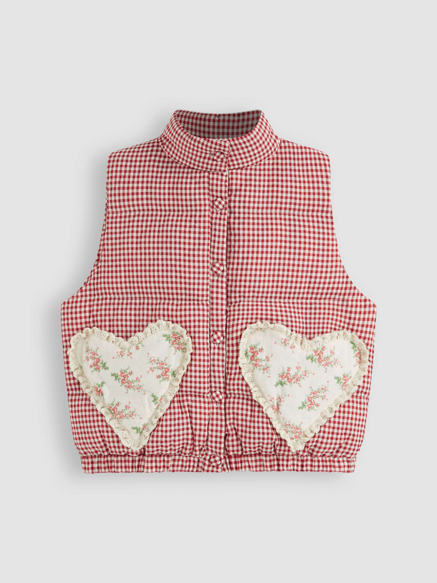 Stand Collar Gingham Floral Heart Oversized Puffer Vest | Cider
