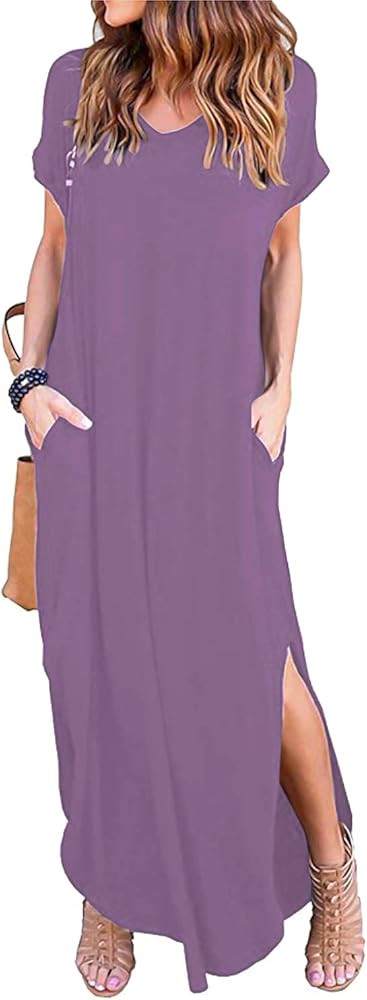 HUSKARY Women's Summer Maxi Dress Casual Loose Pockets Long Dress Short Sleeve Split Maxi Dresses | Amazon (US)