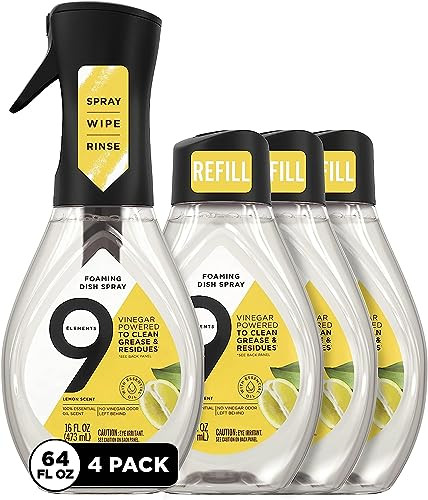 9 Elements Natural Dish Soap, Dishwashing Liquid with Lemon Essential Oils, Made with the Power of Vinegar, 1 Dish Spray Starter Kit & 3 Refills (64 oz Total) | Amazon (US)