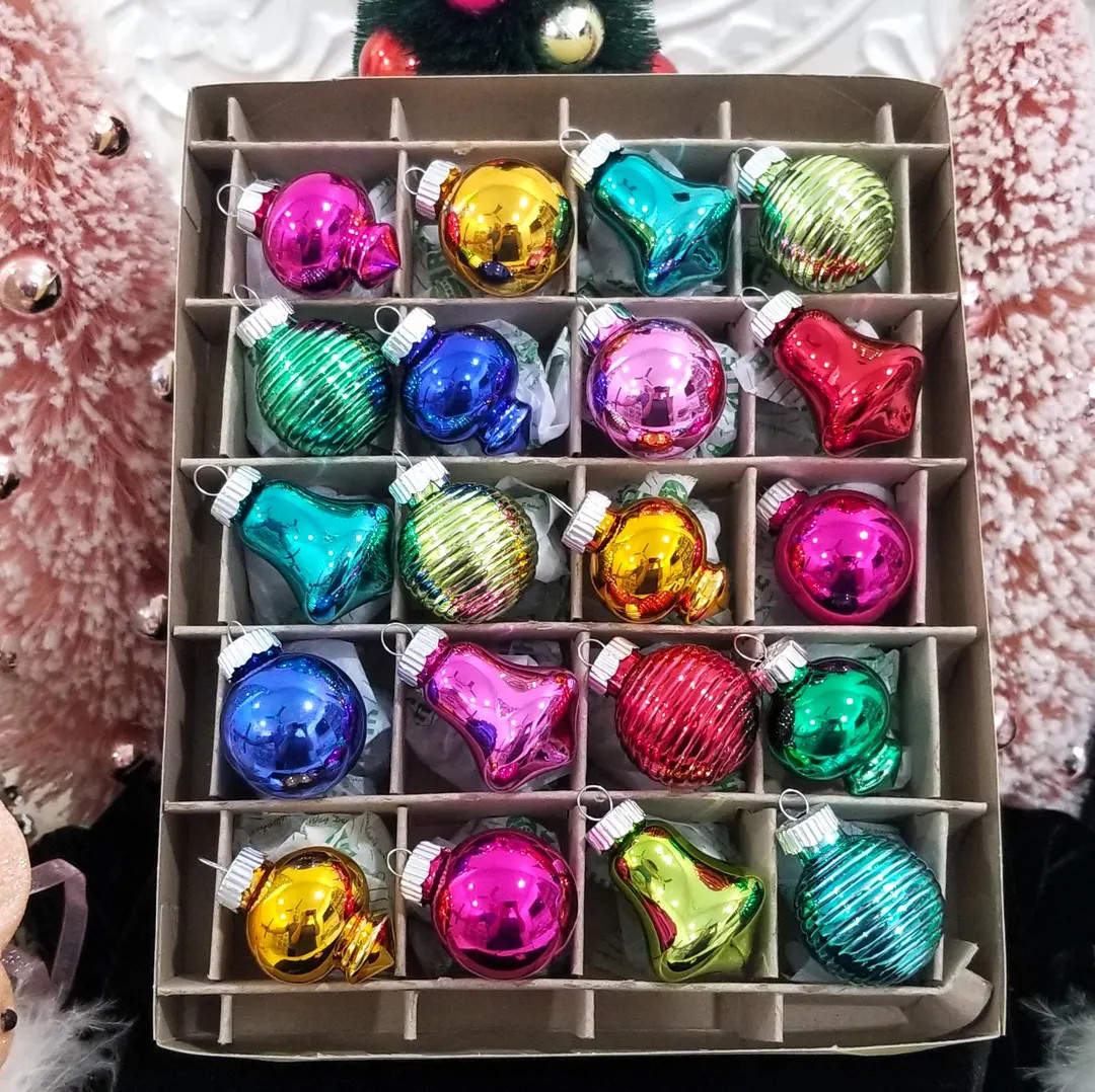 20 Shiny Brite Glass Atomic Shapes & Rounds Bells Lantern Christmas Ornaments - Christopher Radko... | Etsy (US)