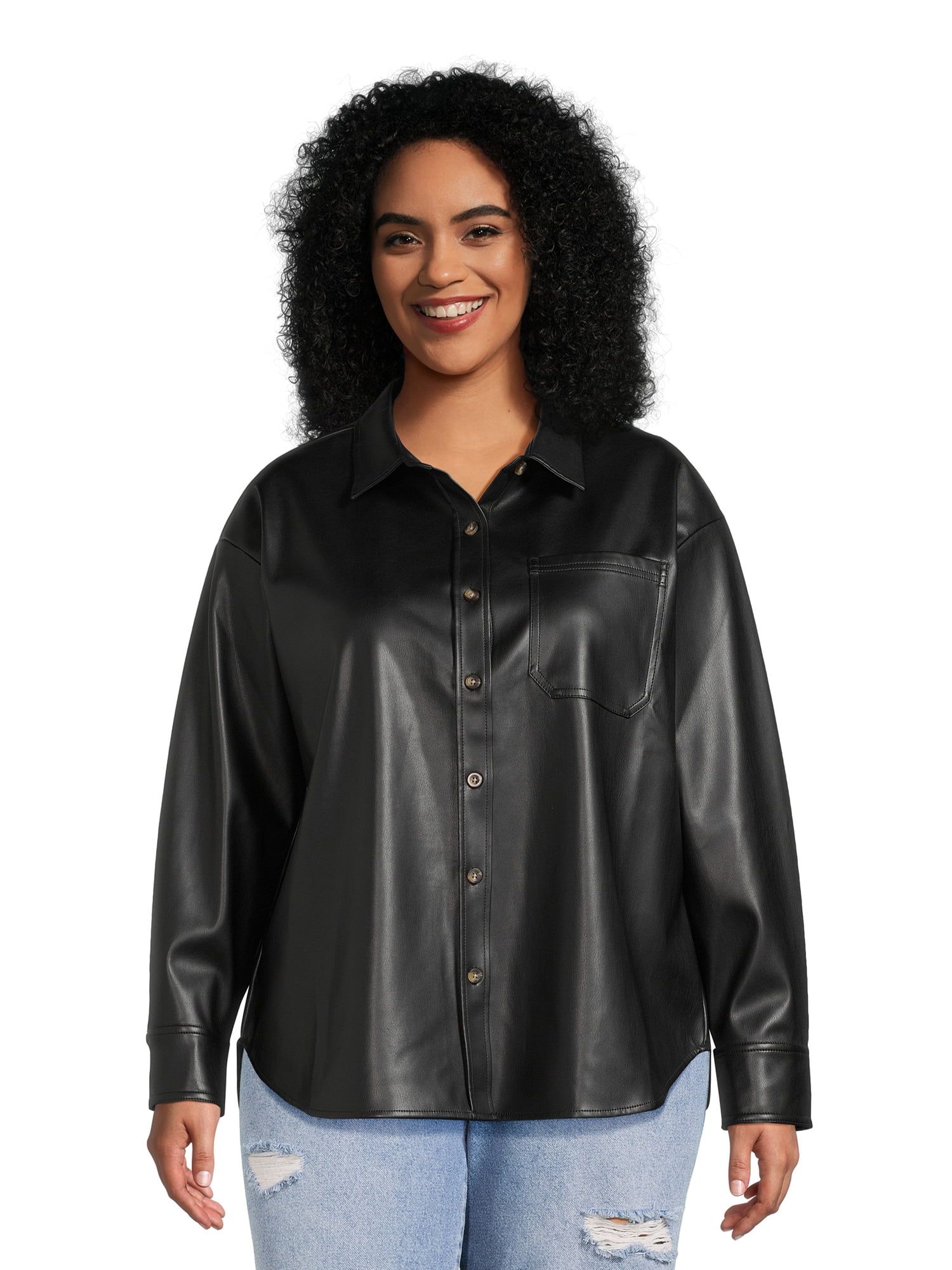 Nine.Eight Women's Plus Size Faux Leather Shacket | Walmart (US)