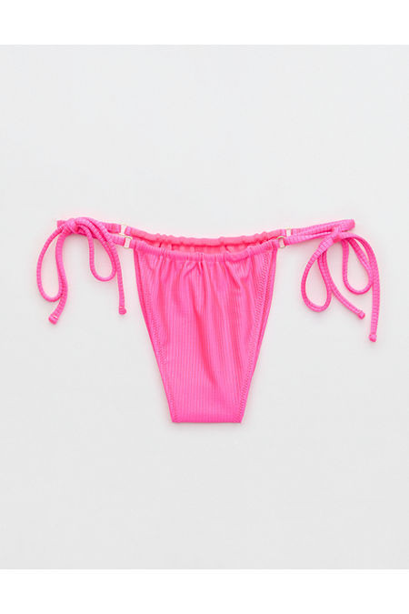 Aerie Shine Rib Cheekiest Strappy Bikini Bottom Women's Miami Pink XXS | Aerie