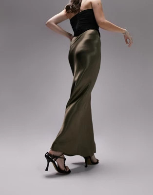 Topshop satin bias maxi skirt in dark khaki | ASOS (Global)