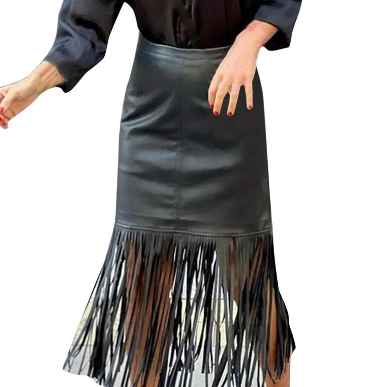 xiuh women pu leather fringe splice mid-length skirt solid color high waist skirt elastic waist w... | Walmart (US)