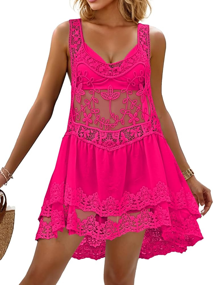 Eomenie Women's Swimsuit Lace Cover Up Loose Sheer Sleeveless Swim Cover Sexy Backless Bathing Su... | Amazon (US)