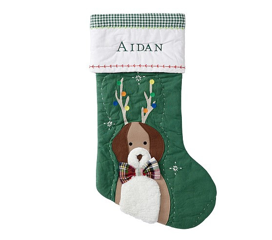 Dog with Antlers Green Quilted Christmas Stocking | Pottery Barn Kids