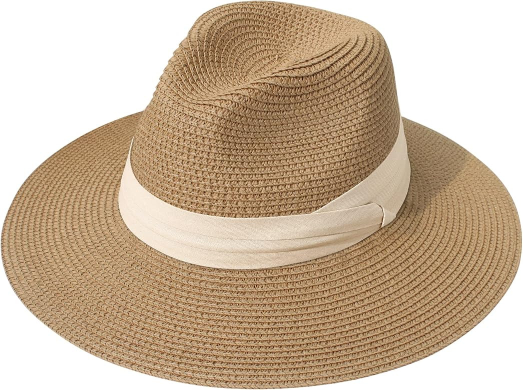 Lanzom Women Wide Brim Straw Panama Roll up Hat Fedora Beach Sun Hat UPF50+ | Amazon (US)