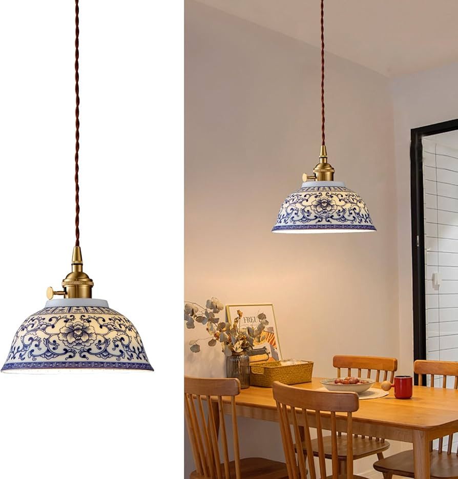 7in Ceramic Pendant Light, Chinese Blue and White Porcelain Pendant Light fixtures, Bedside Light... | Amazon (US)