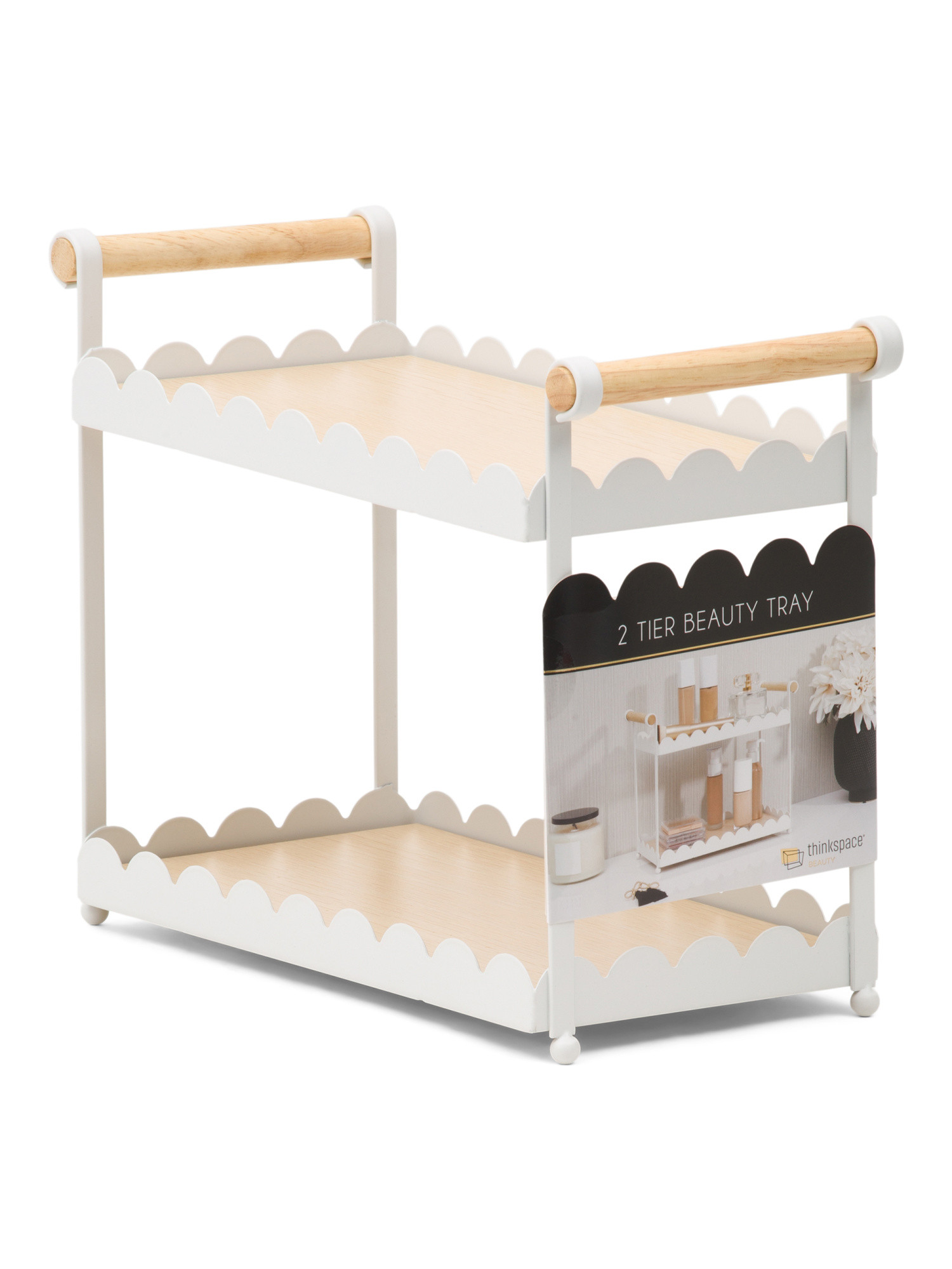 2 Tier Scalloped Edge Metal Tray With White Oak Wood Panels | Baskets & Storage | Marshalls | Marshalls