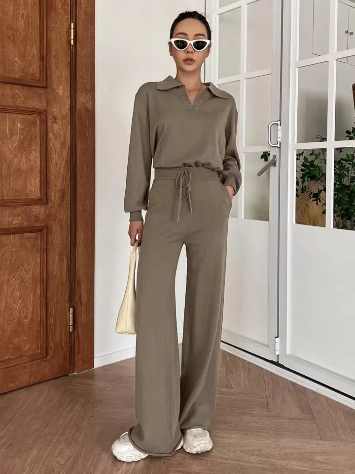 DAZY Collared Drop Shoulder Sweater & Drawstring Waist Knit Pants | SHEIN