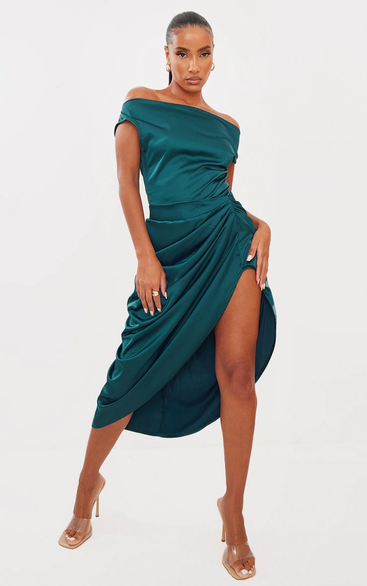 Emerald Green Satin Off The Shoulder Draped Skirt Midi Dress | PrettyLittleThing IE