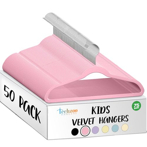 TechZoo 50 Premium Kids Velvet Hangers - 14" Non-Slip Clothes Hangers for Kids & Preteens - Ultra Slim, Space-Saving, Strong & Durable Hangers with 360° Swivel Hook - Pink | Amazon (US)
