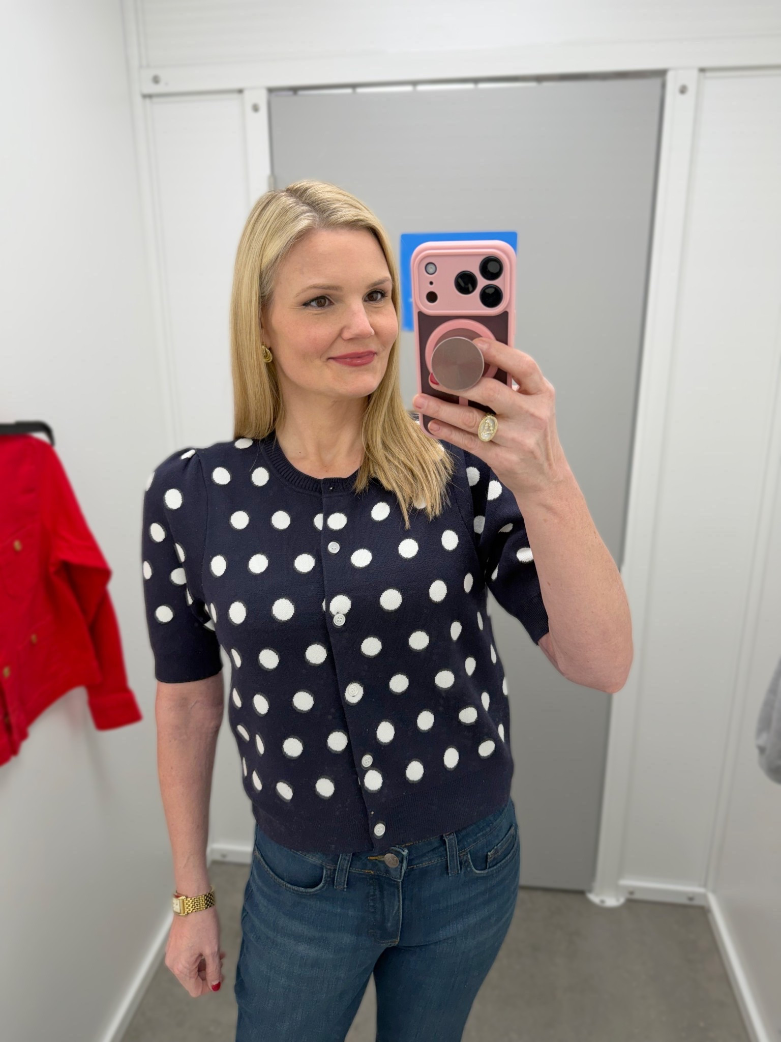 Cute polka dot cardigan! Very soft and comfy! I’m in the medium. Straight midrise jeans in size 4  

#LTKOver40 #LTKootd #LTKTall