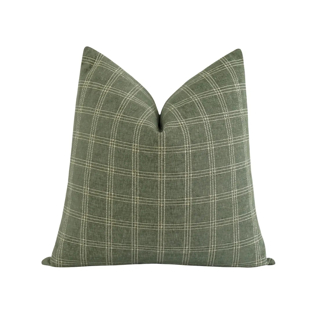 Chenille Check Pillow Cover in Muted Green and Cream • 18x18 Rustic Farmhouse Throw Pillow • ... | Etsy (US)