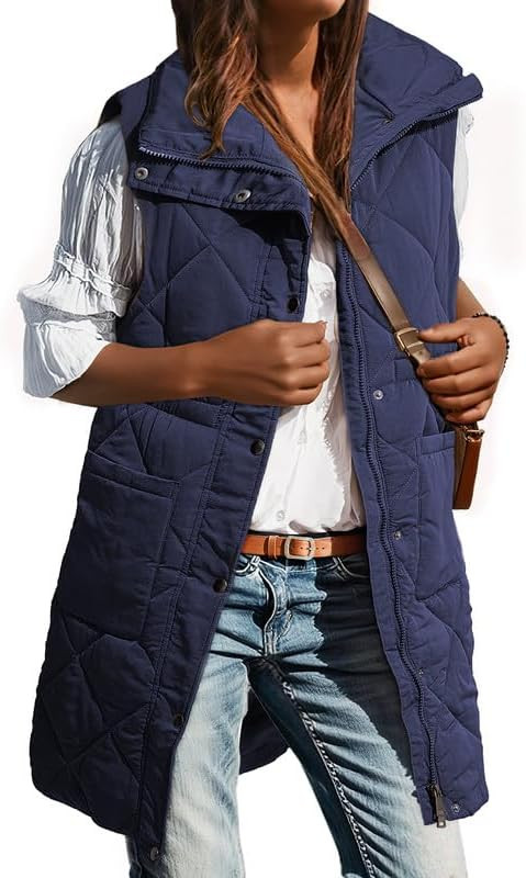 Dokotoo Women's Casual Winter Long Puffer Vest Stand Collar Sleeveless Puffy Jackets Coat with Po... | Amazon (US)
