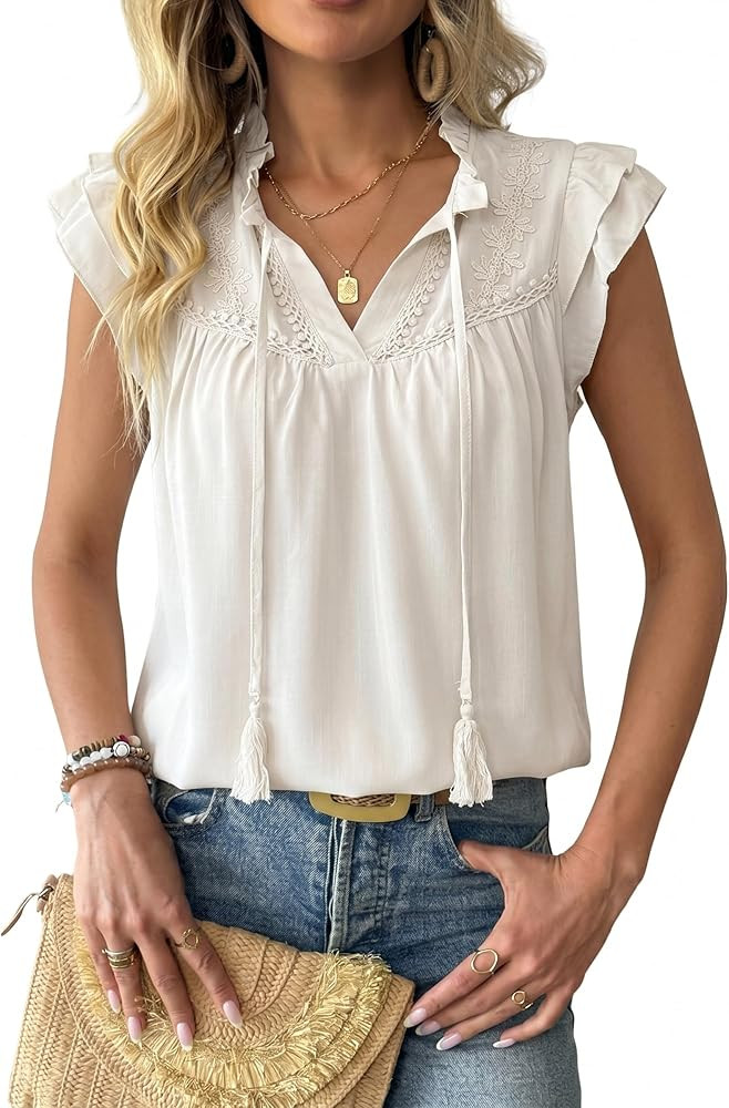 Dokotoo Womens Summer Tops Dressy Casual Ruffle Cap Sleeve Chiffon Blouses Tassel V Neck Lace Emb... | Amazon (US)