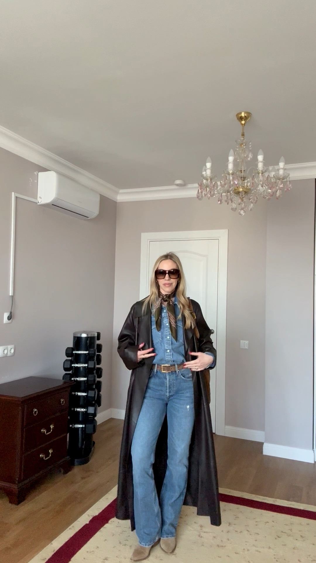Spring outfit, all denim outfit, dark brown leather coat, denim denim, bootcut jeans, western style outfit 

#LTKootd #LTKSeasonal #LTKOver40