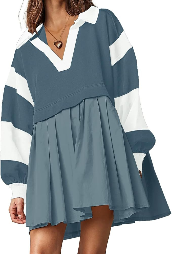 SAUKOLE Women\u2019s Oversized Casual Sweatshirt Patchwork Dress Fall Long Sleeve Trendy Lapel Ne... | Amazon (US)