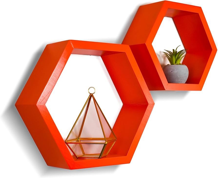 Set of 2 Pine Wood Hexagon Shelves for Wall Decor - Farmhouse Honeycomb Shelves for Living Room D... | Amazon (US)