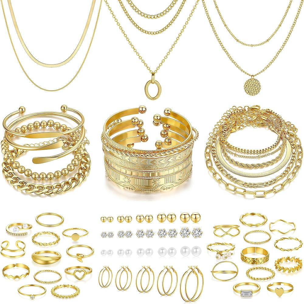 FAXHION 68 Pcs Gold Jewelry Set for Women with 7 Necklace, 17 Bracelet, 5 Hoop Earrings, 15 Stud ... | Amazon (US)