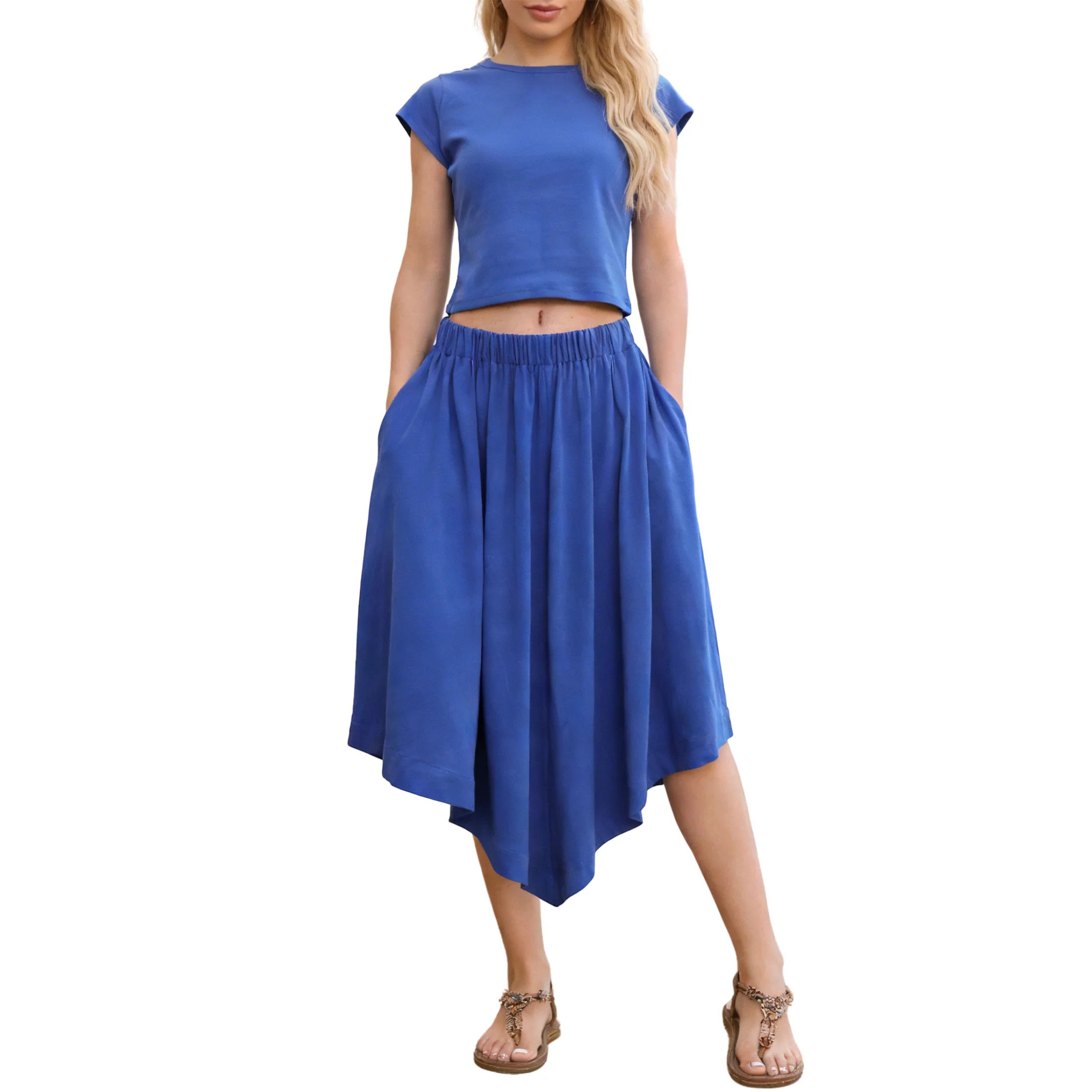 Womens 2 Piece Skirt Sets Crop Baby Tee Low Waist Midi Skirt Outfits Casual Matching Dress Set | Walmart (US)