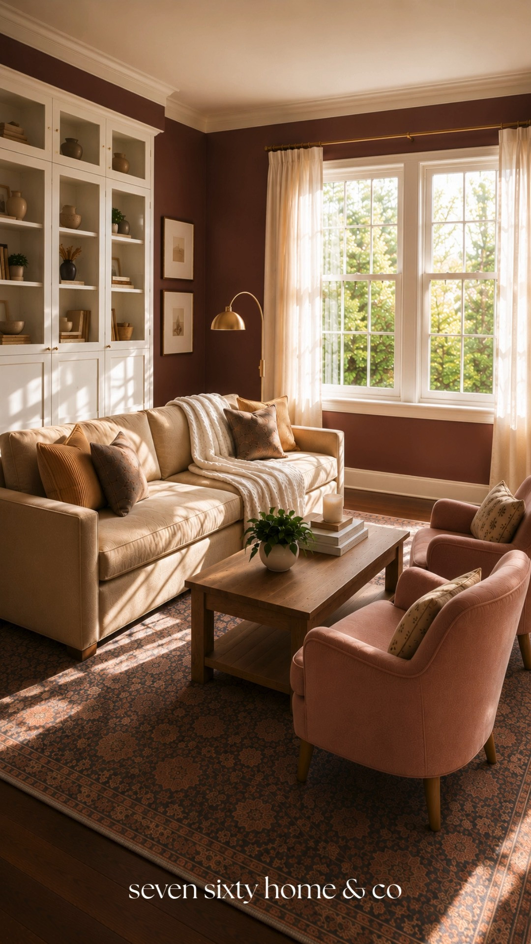 The afternoon light hitting the built-ins might be my favorite part of this room.

Traditional living rooms can sometimes feel heavy, but pairing warm wood tones, soft blush accent chairs, and creamy upholstery keeps the space feeling fresh and approachable. It's a balance of classic design and everyday comfort that never goes out of style.
 

 #LTKHome