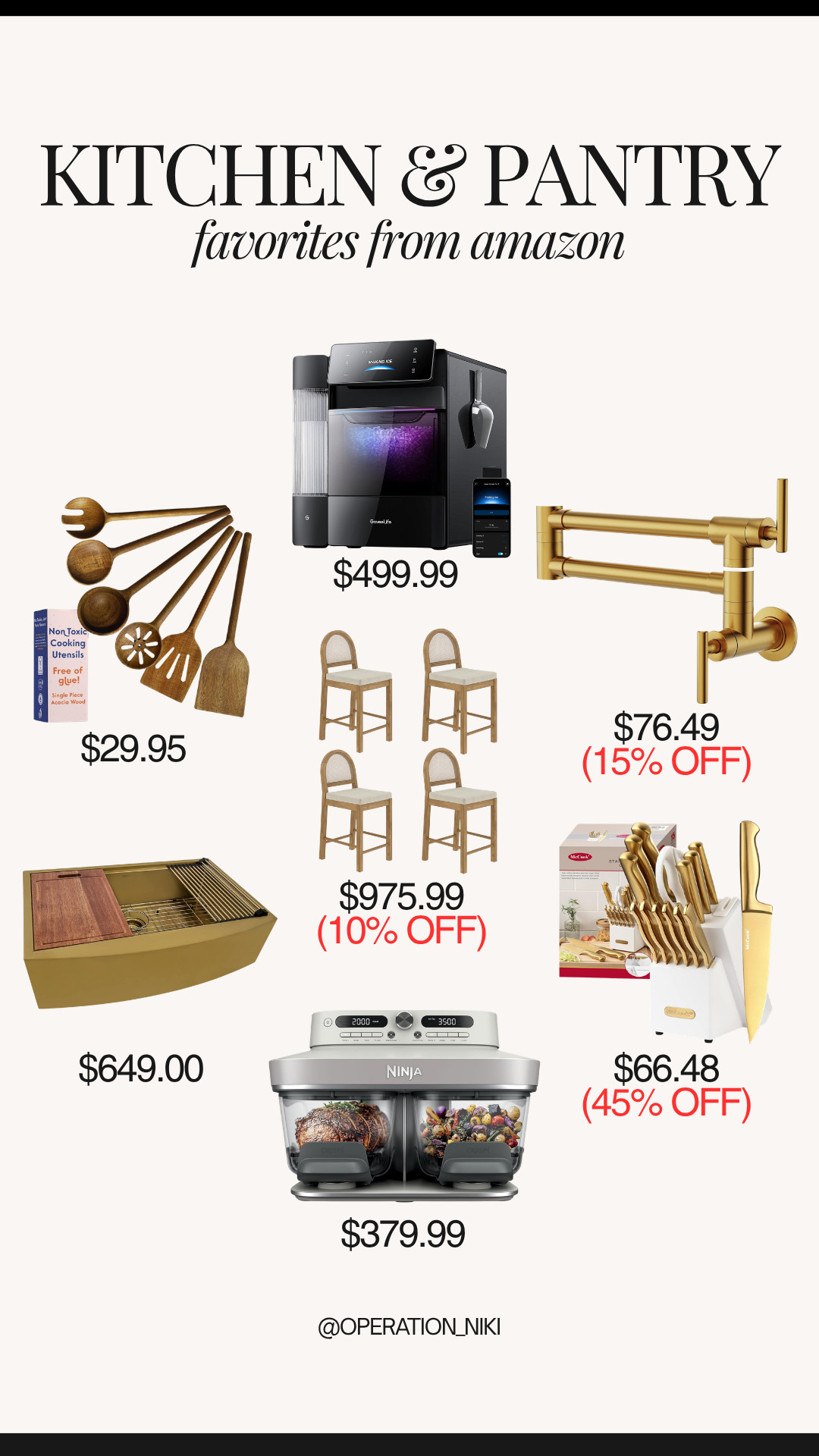 Upgrading your kitchen and pantry setup makes everyday cooking and prepping feel so luxurious! ✨

This lineup brings together amazing Amazon kitchen upgrades: non-toxic wooden utensil sets, a chic gold pot filler faucet, a smart countertop ice maker, a gold workstation sink, woven counter stools, a gold knife block set, and a dual-zone Ninja air fryer.

Shop all these kitchen and pantry favorites linked below! 🛒

Follow for more @OPERATION_NIKI on IG, TikTok, & Facebook

#AmazonFinds #KitchenFavorites #KitchenUpgrades #OperationNiki #AmazonHome #HomeDecor #KitchenOrganization #CookingEssentials #ShoppingHaul 

 #LTKfoodie #LTKHome