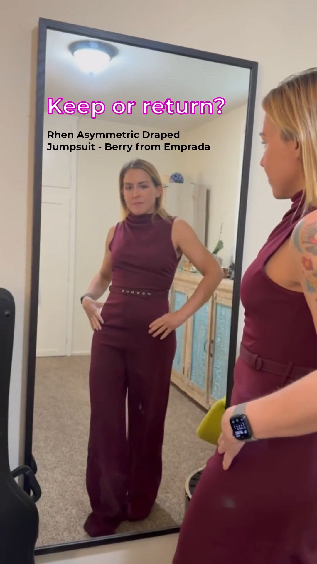 Emprada’s Rhen Asymmetric Draped
Jumpsuit - Berry 
To keep or return? 
Size S (5’2” & 135lbs)

#LTKOver40 #LTKWorkwear #LTKootd