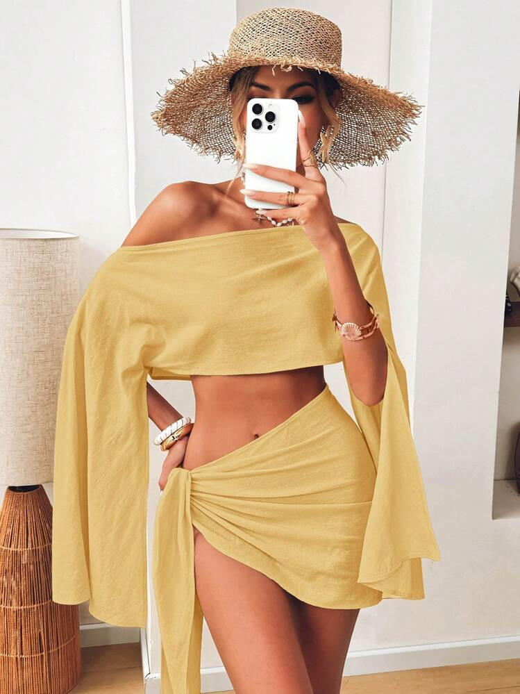 SHEIN VCAY 2pcs Women Casual Solid Color Woven Off Shoulder Crop Top & A-Line Mini Skirt Set | SHEIN