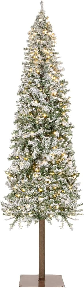 Amazon.com: Best Choice Products 6ft Pre-Lit Slim Pencil Christmas Tree, Snow Flocked Hinged Arti... | Amazon (US)