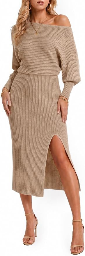 Wenrine Womens Off the Shoulder Sweater Dress Slit Fall Knit Midi Dress | Amazon (US)