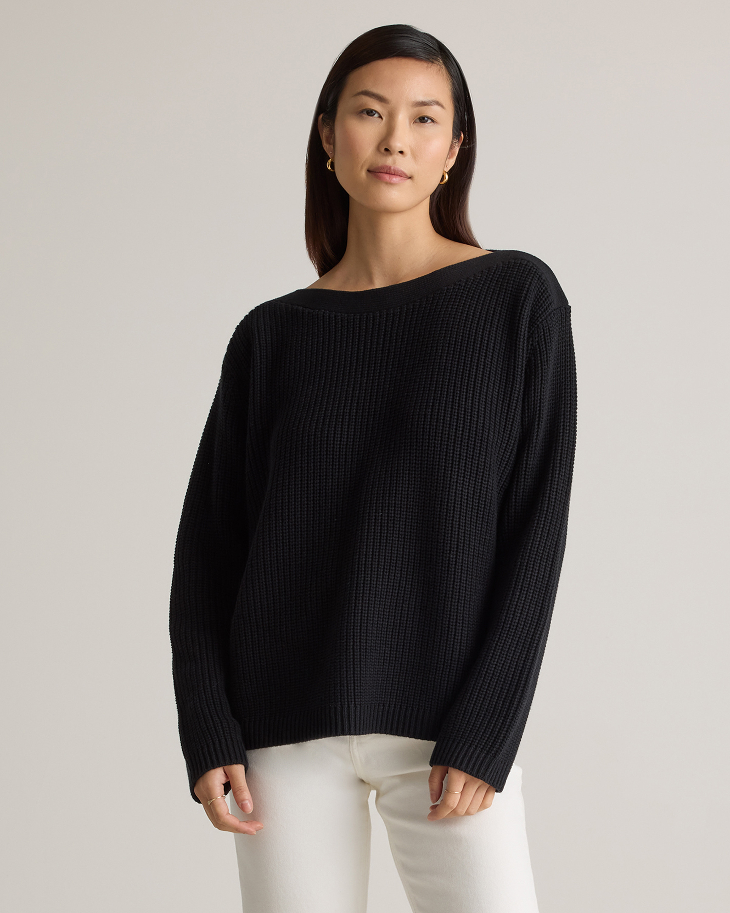 Quince | Women's Fisherman Boatneck Sweater in Black, Size Small, Organic Cotton | Quince