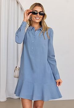 MEROKEETY Women's Casual Shirt Dress Long Sleeve Button Down Ruffle Flowy Tunic Shift Mini Dresse... | Amazon (US)