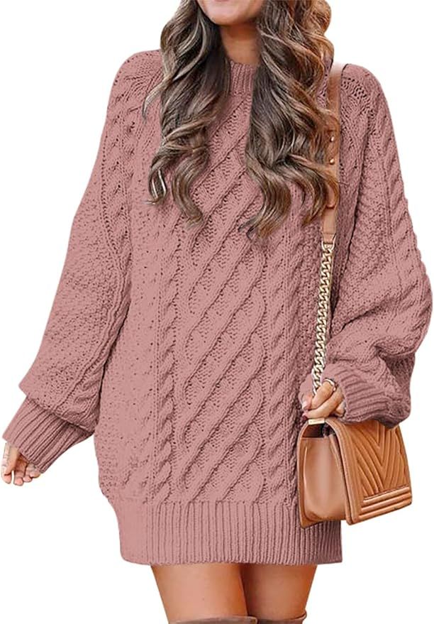 WONETA Women Crewneck Long Sleeve Oversized Cable Knit Chunky Pullover Short Sweater Dresses | Amazon (US)